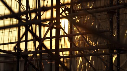 Fototapeta premium Scaffolding against a building under construction, detailed textures, close-up, backlit by sunset
