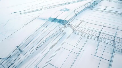 Flood defense system design on paper, detailed drawing, cool white light, close view, top angle 
