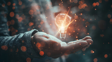 A businessman's hand holding a lightbulb and representing new business idea and new business solutions