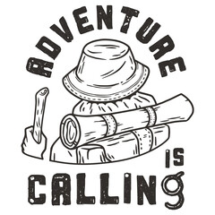 Monochrome line art illustration featuring camping essentials such as a hat and wood logs with the phrase adventure is calling, ideal for nature enthusiasts and outdoor adventure themes