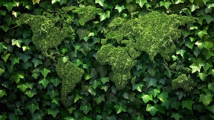 Conceptual illustration of global development and the green economy, represented by a world map made of vine leaves growing on forest trees, symbolizing environmental conservation.