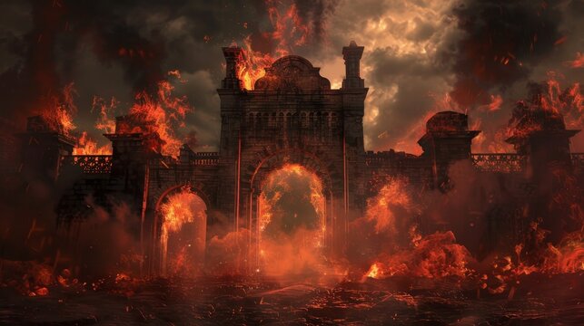 The imposing gates of hell open, with Charon, the ferryman of the dead, silhouetted against the fiery backdrop, ready to guide souls across the Styx