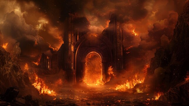 The imposing gates of hell open, with Charon, the ferryman of the dead, silhouetted against the fiery backdrop, ready to guide souls across the Styx