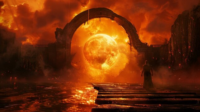 The imposing gates of hell open, with Charon, the ferryman of the dead, silhouetted against the fiery backdrop, ready to guide souls across the Styx