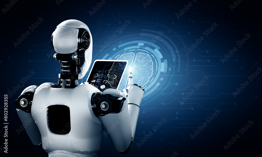 Poster mlp 3d illustration robot humanoid using tablet computer in future office while using ai thinking br