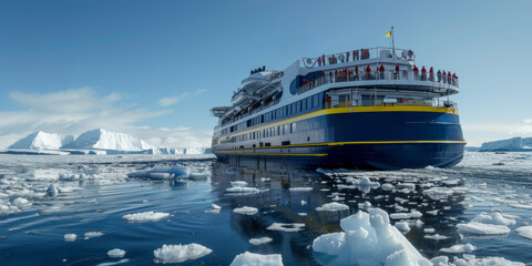 Navire de croisière bleu et jaune naviguant dans des eaux pris par les glaces