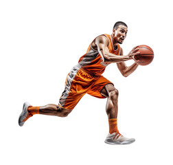 Dynamic basketball player in mid-dribble, captured in a moment of focused athleticism against a transparent background. Generative AI