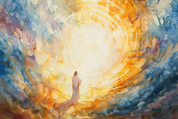 Ascension of Jesus in watercolor, the Ascension of Christ, the ascension of Jesus into heaven, a festival celebrated by Christians.