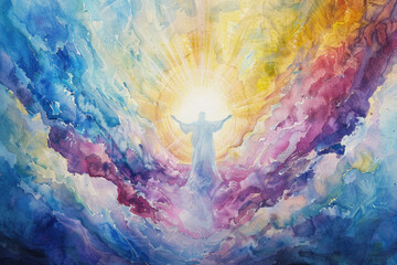 Ascension Watercolor Painting of Jesus., the Ascension of Christ, the ascension of Jesus into heaven, a festival celebrated by Christians.