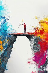 Artistic Leap Figure at a divide, brush in hand painting a bridge of brilliant hues, illustrates innovative solutions, close shot with empty background