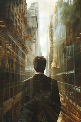 Alternate Realities Man in business suit navigates a bustling street under topsyturvy highrises, portraying a paradigm shift, closeup view with empty backdrop