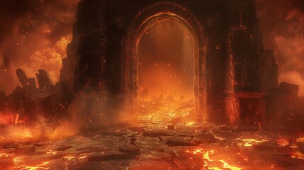 The gates of a dark dungeon, opening onto a fiery landscape with a floor that resembles volcanic stone, bathed in the glow of molten lava