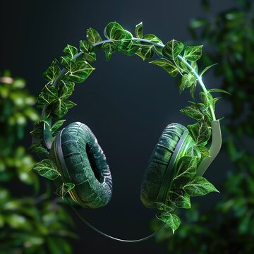 Breath of Music Leafy headphones pulsate as if alive, symbolizing the deep connection and vitality of sound, detailed foreground with space