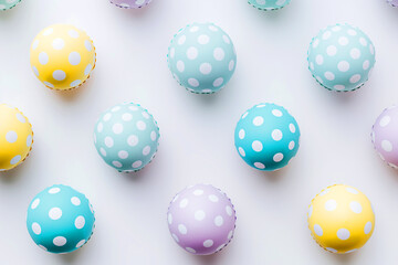 Obraz premium A collection of polka dot balls spheres in pastel blue yellow violet color on light surface top view flat lay. Abstract background concept