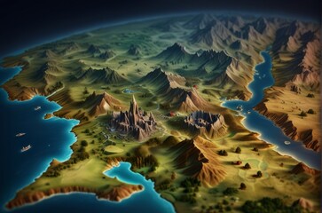 Fantasy 3d map of a fictional continent