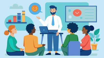 At a corporate office a mental health advocate conducts a seminar on the benefits of implementing mental wellness programs in the workplace.. Vector illustration