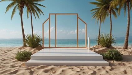  Abstract minimal display podium for showing products or cosmetic presentation with summer beach scene, Summer time