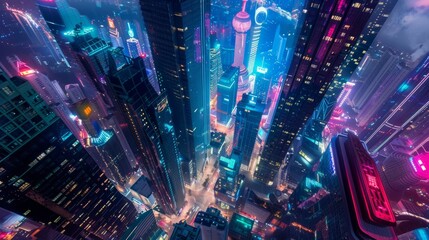 Futuristic Cityscape with Glowing Skyscrapers at Night