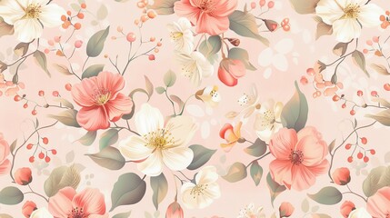 Floral pattern of spring flowers, berries, and leaves on a blush background.
