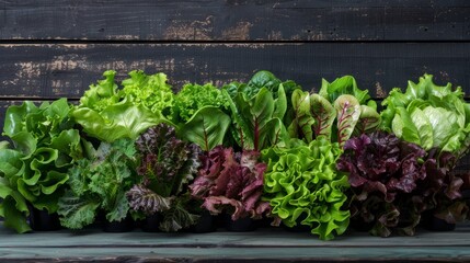 Assorted Fresh Lettuce Varieties on a Wooden Background
