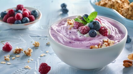 Healthy Mixed Berry Yogurt Snack on Artistic Blue Surface - Powered by Adobe
