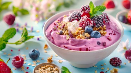 Sumptuous Blueberry and Raspberry Yogurt Treat, High Angle View