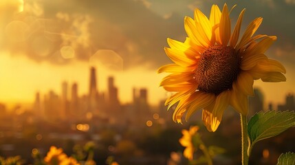 A beautiful sunflower is in the foreground with a cityscape in the background.