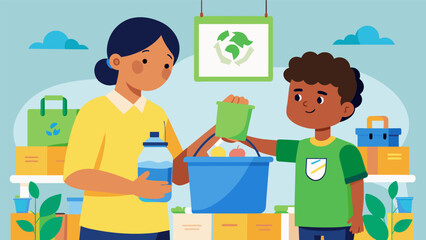 A parent teaching their child about the importance of reducing waste as they shop for ecofriendly school supplies.. Vector illustration