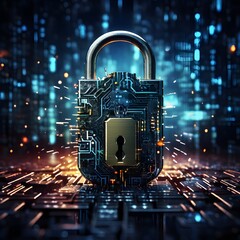 broken digital padlock shattered on a reflective dark surface strewn with traces of broken code