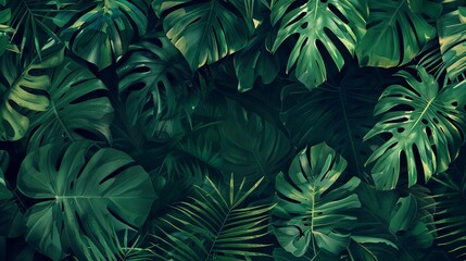 Foliage and botanical background with abstract green tropical forest wallpaper, showcasing monstera leaves, palm leaf, and branches in a hand-drawn pattern.