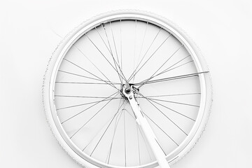 A minimalist shot of a single bicycle wheel against a stark white backdrop, accentuating its elegant curvature and form.