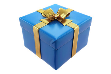 3d blue gift box with golden ribbon isolated on transparent background