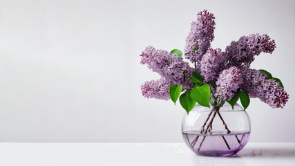 Lilacs in a round transparent vase. Illustration for postcard design, invitation.