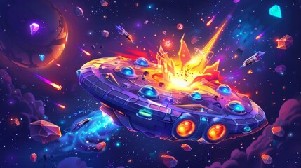 Space game UI elements showcasing an alien ground platform floating in space, a mystical portal, vivid explosion animations, sparkling gemstones, and futuristic spaceships