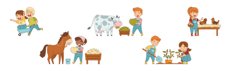 Little Kid Farmer Character at Village Vector Set