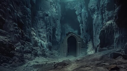 Remote dungeon gates set in a desolate cave entrance, where myths converge with reality, enveloped by shadows and an air of inaccessibility