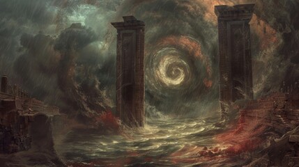Mystical depiction of the gates of hell, where Charon, the ancient ferryman, commands the entrance, surrounded by the swirling waters of the Styx and souls in waiting