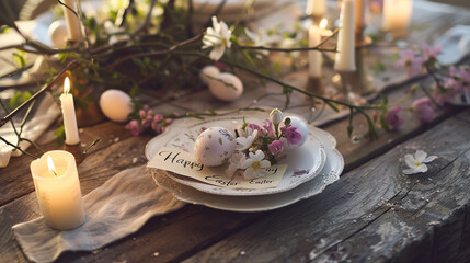 Fototapeta na wymiar A rustic Easter table setting with hand-painted eggs, delicate spring flowers, and a handwritten note wishing 