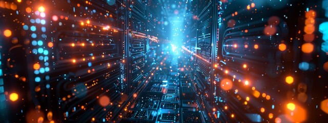 Naklejka premium A background showcasing on a computer, with glowing lights and data streams representing the flow of electricity within the machine.