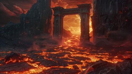 Menacing gates leading to hell, framed by a floor of molten lava, its surface mimicking the chaotic patterns of a volcanic eruption