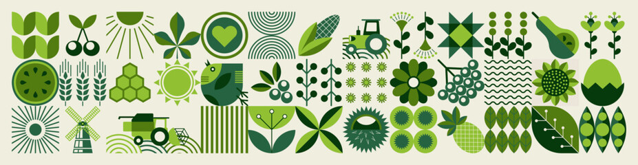 Spring pattern. Agriculture, farming. Mosaic style. Simple geometric shapes. Textile background of grains, poultry breeding, beekeeping, agricultural machinery, farm implements, flowers.