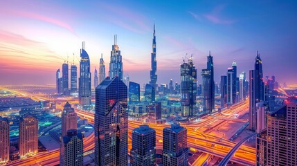 Naklejka premium Panoramic view of the high rises along sheikh zayed road in glowing twilight hues
