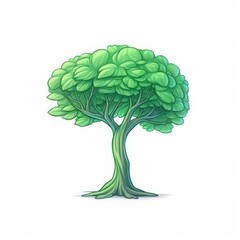 A cartoon tree with a big trunk and a lot of leaves. The leaves are all different shades of green. The tree is in front of a white background.