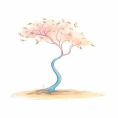 A beautiful watercolor painting of a tree with a blue trunk and pink leaves. The tree is in a sandy area with a white background. The painting has a soft, dreamy feel to it.