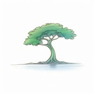 recommend clip art: A digital illustration of a single tree. The tree is has a large, round canopy and a thick trunk. The tree is rooted in a grassy field. The sky is a clear blue.