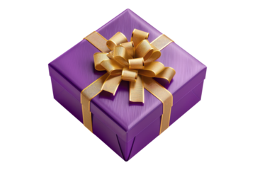 purple gift box with golden ribbon isolated on transparent background