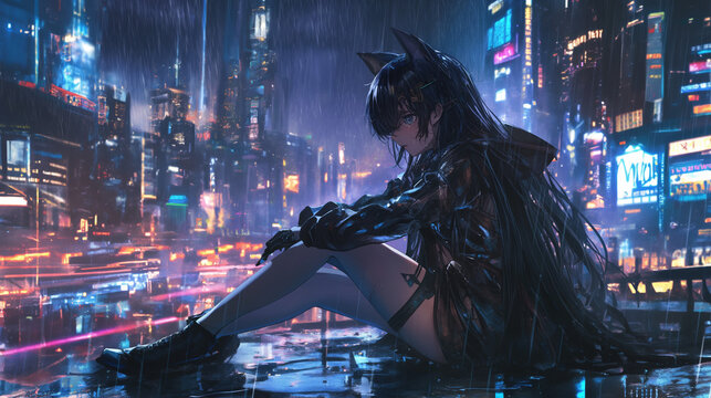 A girl sitting in the rain crying
