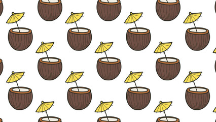 Coconut cocktail seamless pattern. Hand drawn vector illustration in cartoon style.