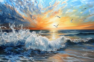 Sunset Serenade Dynamic Ocean Waves and Silhouetted Seagulls in Acrylic Splendor