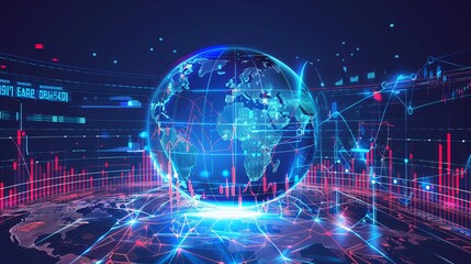 Hi-tech hologram of planet Earth with glowing vector chart of investment financial data. Graph stock market with rising candlesticks. Infographic elements and realistic transparent world map
